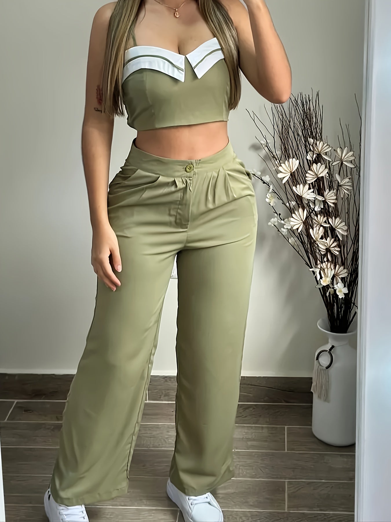 Women'S Casual Patchwork V-Neck Top and Wide Leg Pants Set, 100% Polyester, Contrast Collar, All Seasons, Woven Fabric, 150g/m² - Green